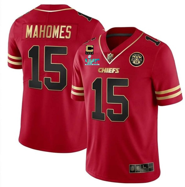 Men??s Kansas City Chiefs #15 Patrick Mahomes Red Gold Super Bowl LVII Patch And 4-star C Patch Vapor Untouchable Limited Stitched Jersey